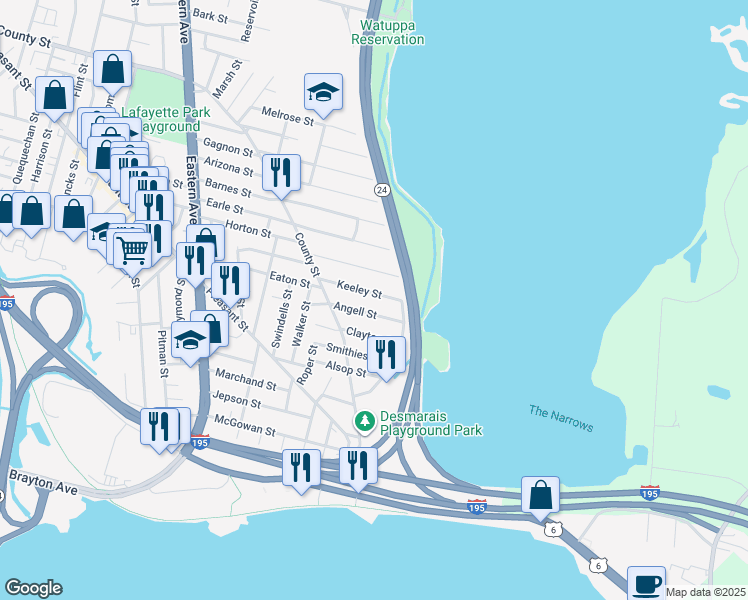 map of restaurants, bars, coffee shops, grocery stores, and more near 163 Keeley Street in Fall River