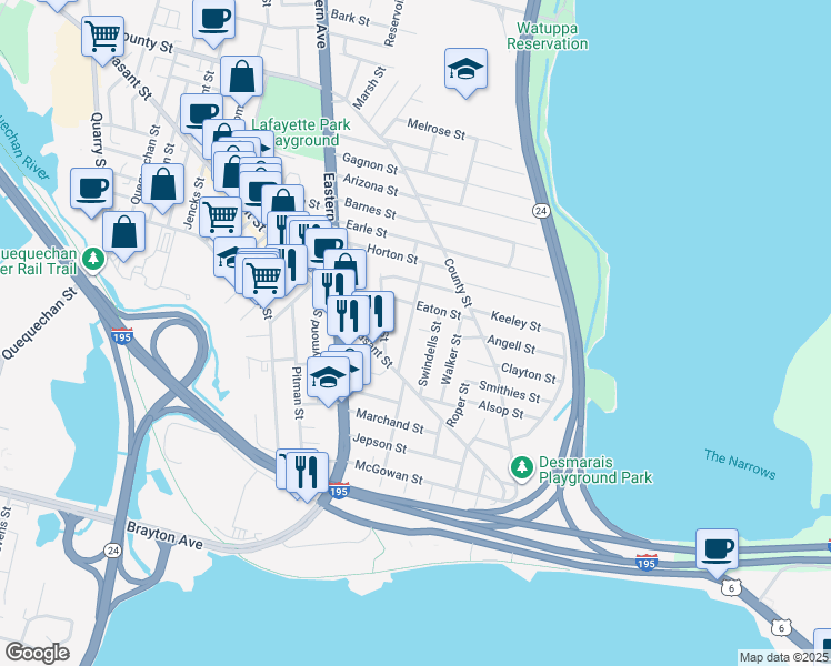 map of restaurants, bars, coffee shops, grocery stores, and more near 61 Swindells Street in Fall River