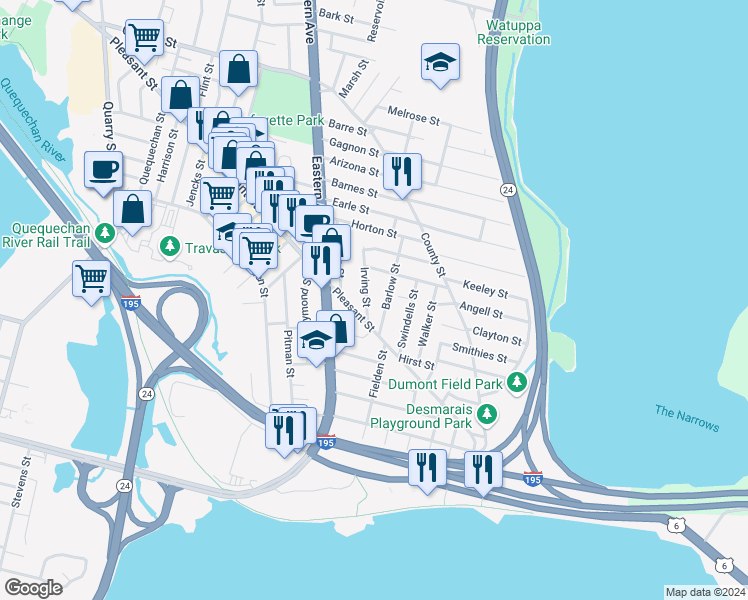 map of restaurants, bars, coffee shops, grocery stores, and more near 186 Irving Street in Fall River