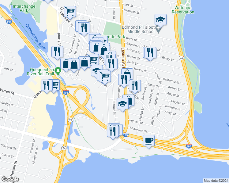 map of restaurants, bars, coffee shops, grocery stores, and more near 83 Raymond Street in Fall River
