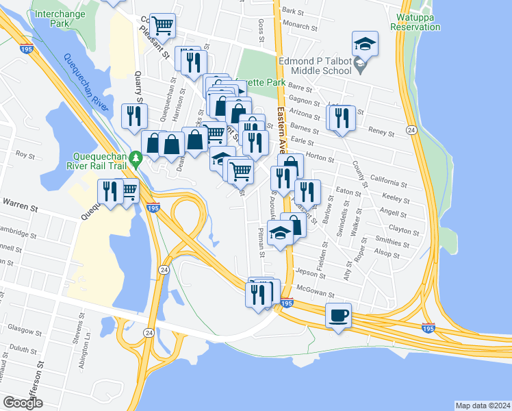 map of restaurants, bars, coffee shops, grocery stores, and more near 83 Raymond Street in Fall River
