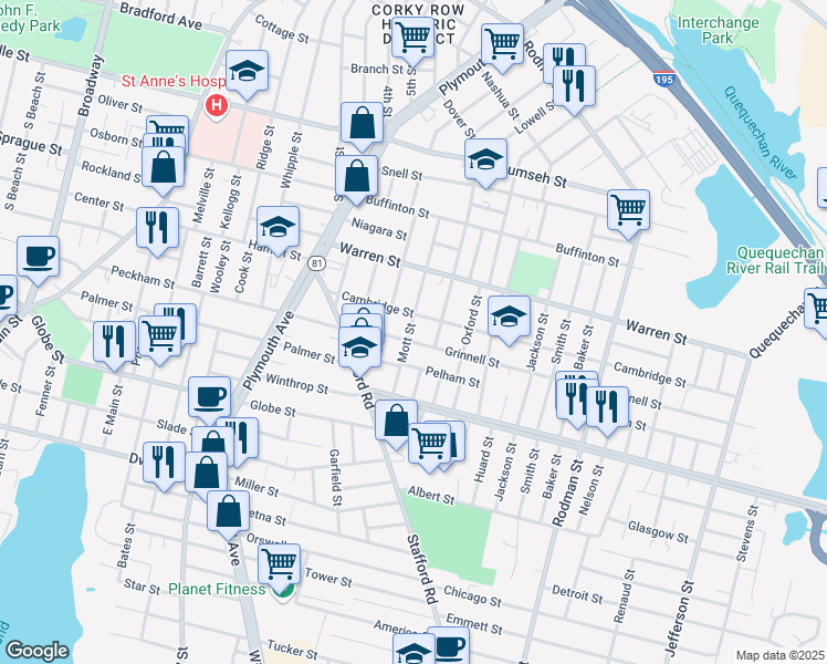 map of restaurants, bars, coffee shops, grocery stores, and more near 121 Grinnell Street in Fall River