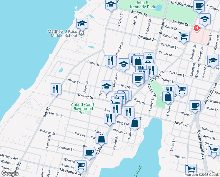 map of restaurants, bars, coffee shops, grocery stores, and more near 151 Church Street in Fall River