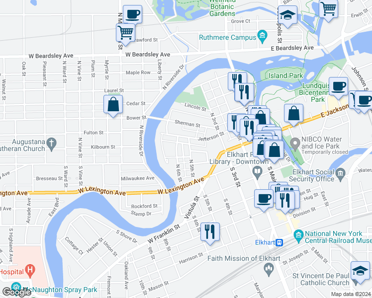 map of restaurants, bars, coffee shops, grocery stores, and more near 161 North 5th Street in Elkhart