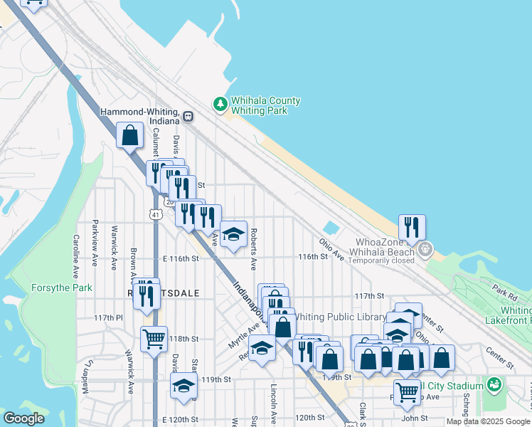 map of restaurants, bars, coffee shops, grocery stores, and more near 1030-1098 East 115th Street in Whiting