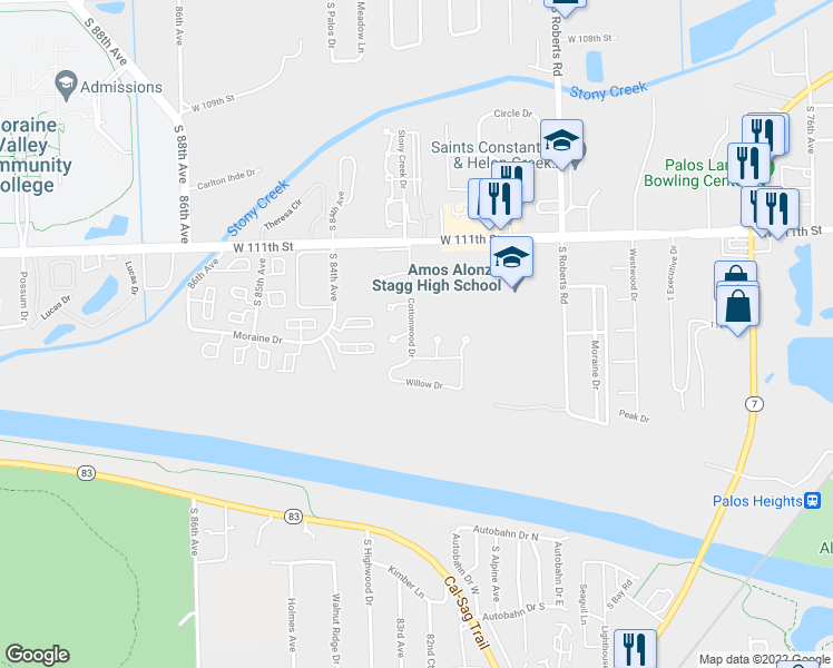 map of restaurants, bars, coffee shops, grocery stores, and more near 11220 Cherry Court in Palos Hills