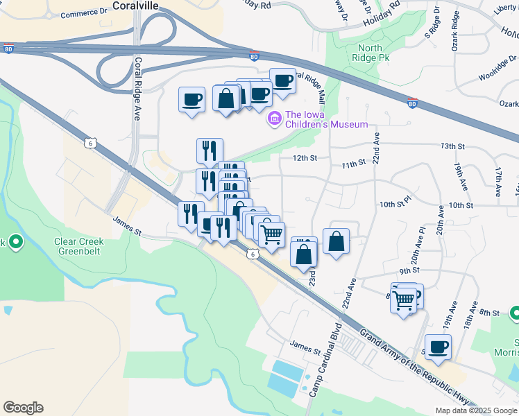 map of restaurants, bars, coffee shops, grocery stores, and more near 920B Boston Way in Coralville