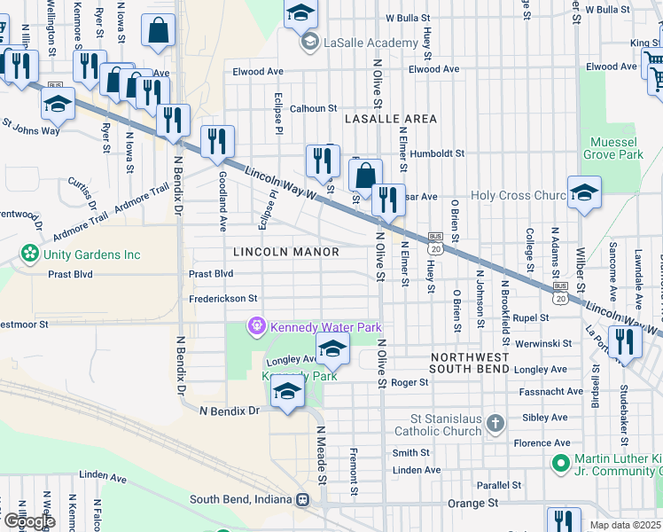 map of restaurants, bars, coffee shops, grocery stores, and more near 2521 Prast Boulevard in South Bend