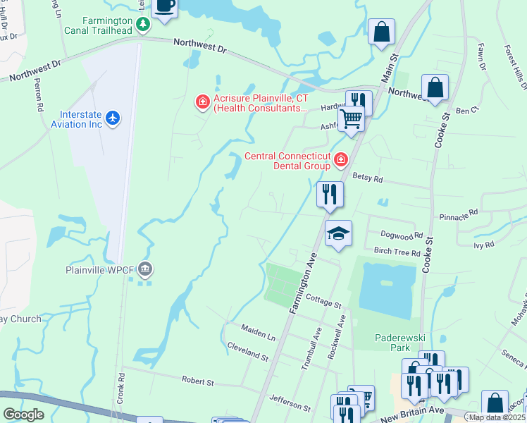 map of restaurants, bars, coffee shops, grocery stores, and more near 94 Northampton Lane in Plainville
