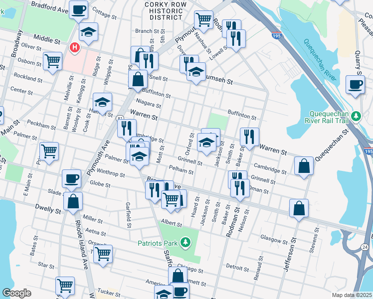 map of restaurants, bars, coffee shops, grocery stores, and more near 118 Oxford Street in Fall River