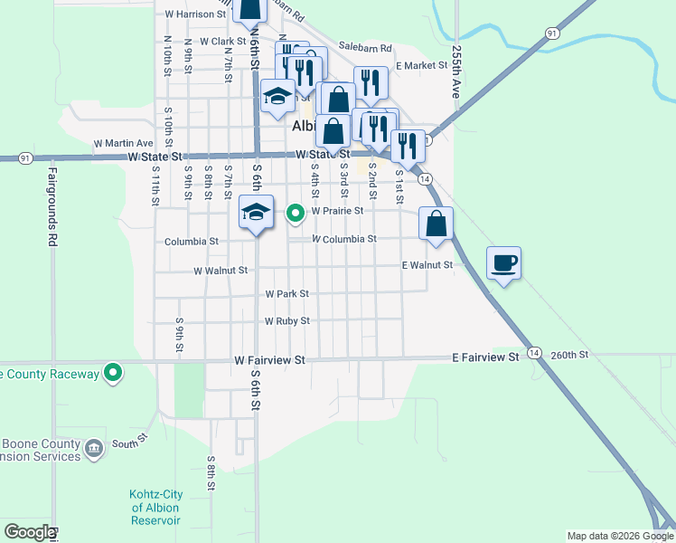 map of restaurants, bars, coffee shops, grocery stores, and more near 701-799 South 3rd Street in Albion