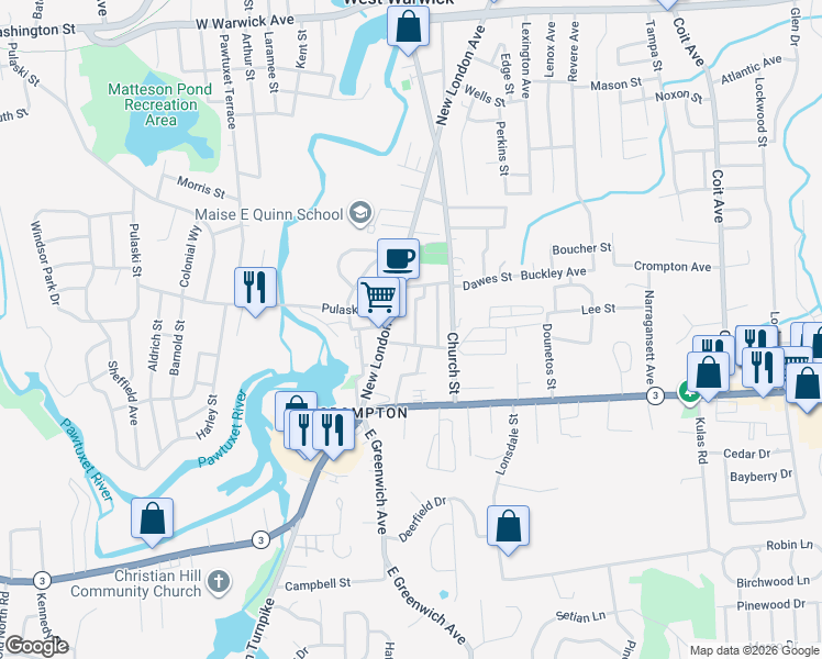map of restaurants, bars, coffee shops, grocery stores, and more near 17 School Street in West Warwick