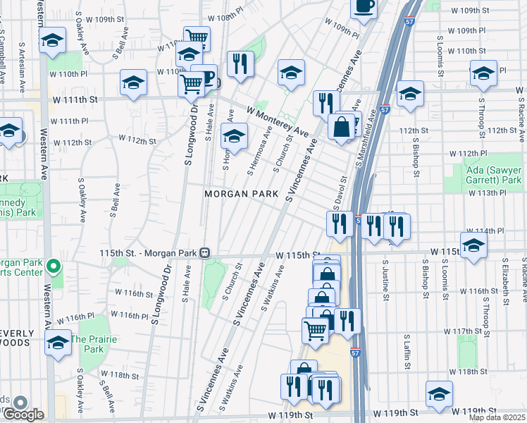 map of restaurants, bars, coffee shops, grocery stores, and more near 11409 South Church Street in Chicago