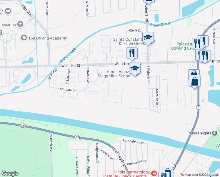 map of restaurants, bars, coffee shops, grocery stores, and more near 8246 Holly Court in Palos Hills