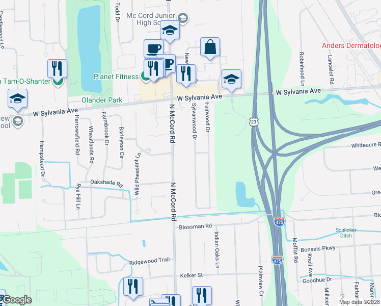 map of restaurants, bars, coffee shops, grocery stores, and more near 3809 Sylvanwood Drive in Sylvania