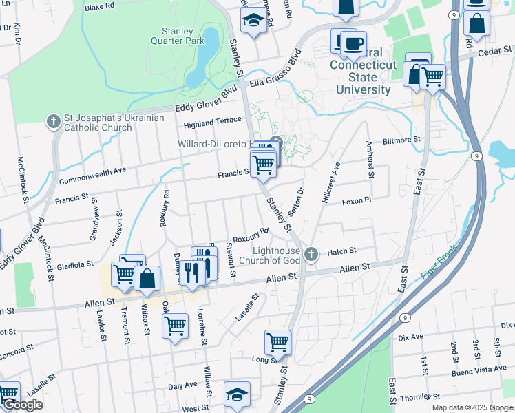 map of restaurants, bars, coffee shops, grocery stores, and more near 38 Elizabeth Street in New Britain