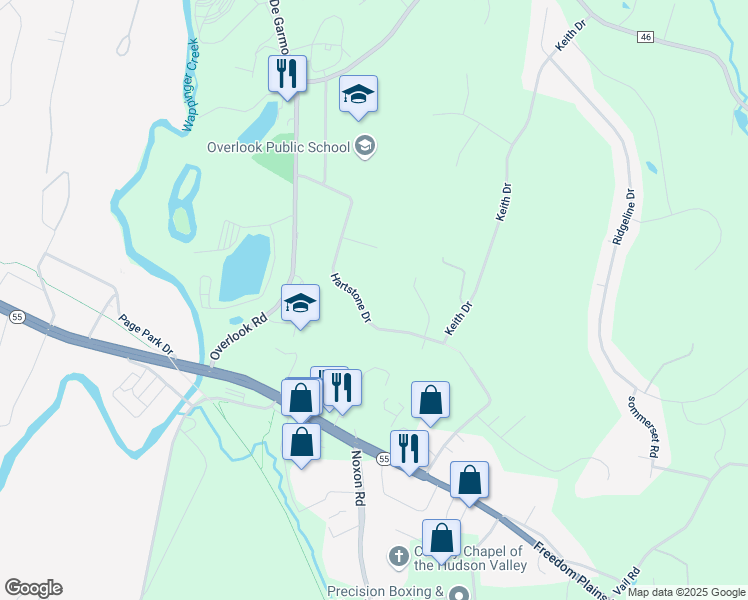 map of restaurants, bars, coffee shops, grocery stores, and more near 19 Hartstone Drive in Poughkeepsie