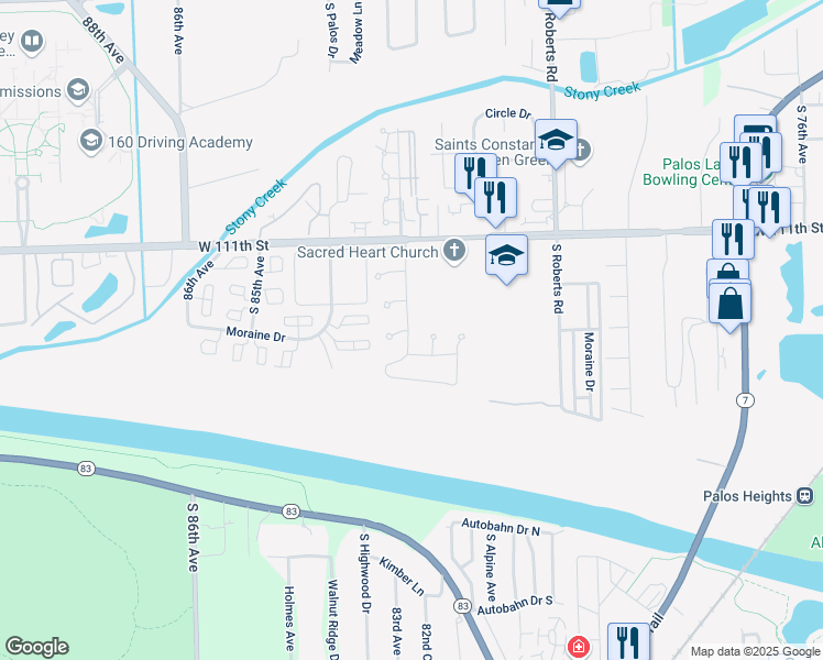 map of restaurants, bars, coffee shops, grocery stores, and more near 11220 Cherry Court in Palos Hills