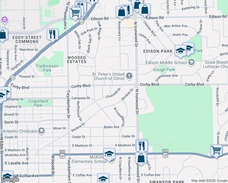 map of restaurants, bars, coffee shops, grocery stores, and more near 805 Gartner Avenue in South Bend