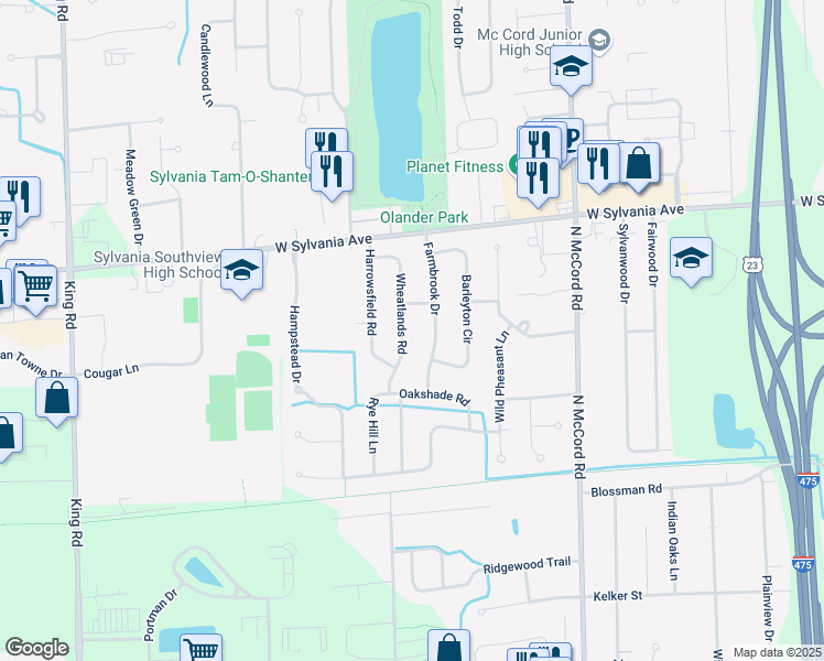 map of restaurants, bars, coffee shops, grocery stores, and more near 3817 Wheatlands Road in Sylvania