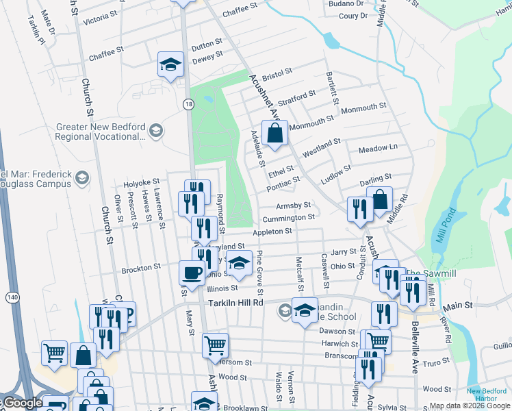 map of restaurants, bars, coffee shops, grocery stores, and more near 155 Pine Grove Street in New Bedford