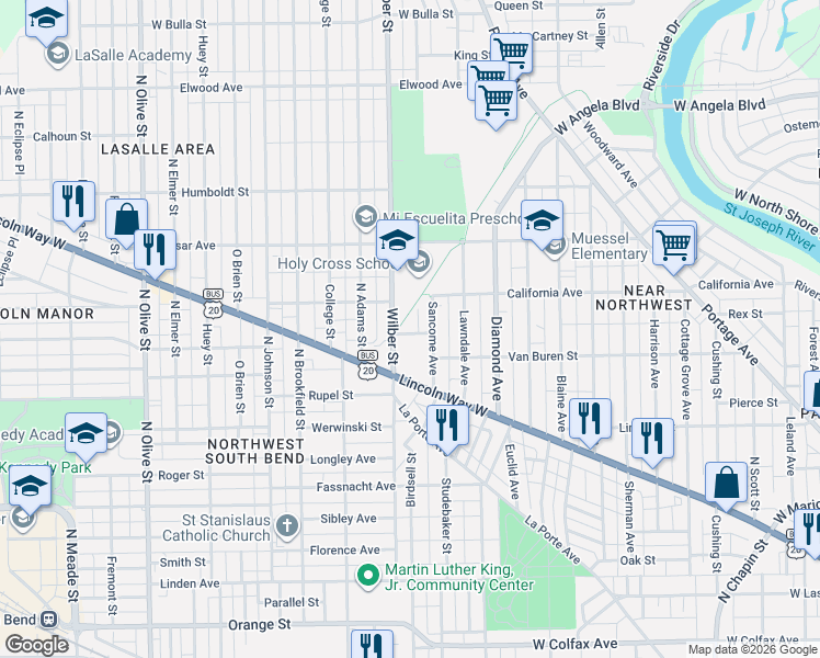 map of restaurants, bars, coffee shops, grocery stores, and more near 829 Wilber Street in South Bend