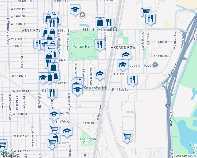 map of restaurants, bars, coffee shops, grocery stores, and more near 11426 South King Drive in Chicago