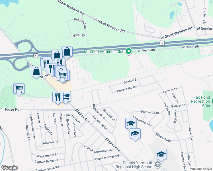 map of restaurants, bars, coffee shops, grocery stores, and more near 90 Beacon Street in Yarmouth