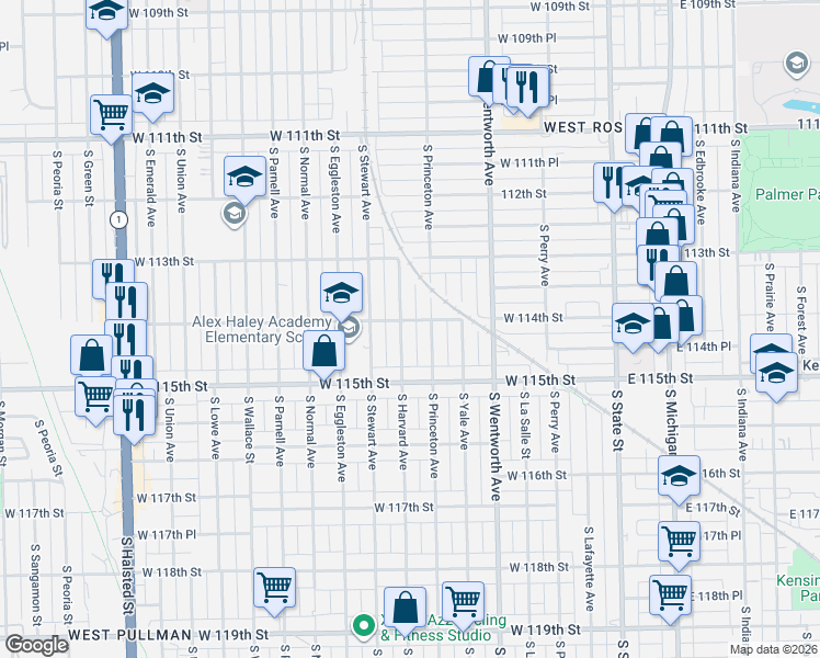 map of restaurants, bars, coffee shops, grocery stores, and more near 11412 South Harvard Avenue in Chicago