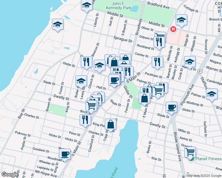 map of restaurants, bars, coffee shops, grocery stores, and more near 160 Hall Street in Fall River