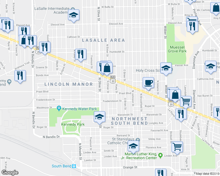 map of restaurants, bars, coffee shops, grocery stores, and more near 904 North Elmer Street in South Bend