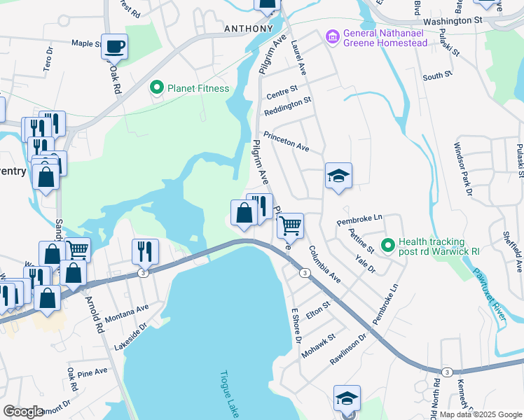 map of restaurants, bars, coffee shops, grocery stores, and more near 12 Dexter Street in Coventry