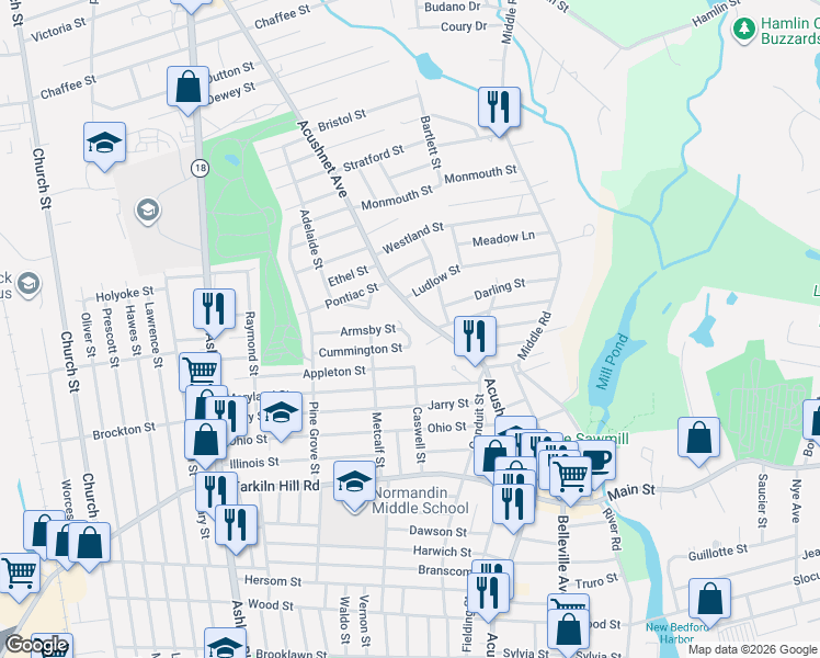 map of restaurants, bars, coffee shops, grocery stores, and more near 2389-2393 Acushnet Avenue in New Bedford