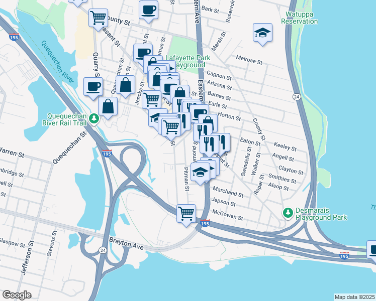 map of restaurants, bars, coffee shops, grocery stores, and more near 83 Raymond Street in Fall River