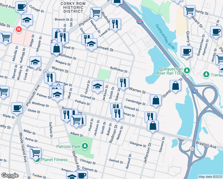 map of restaurants, bars, coffee shops, grocery stores, and more near 187 Smith Street in Fall River