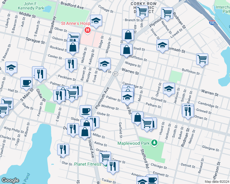 map of restaurants, bars, coffee shops, grocery stores, and more near 548 Palmer Street in Fall River