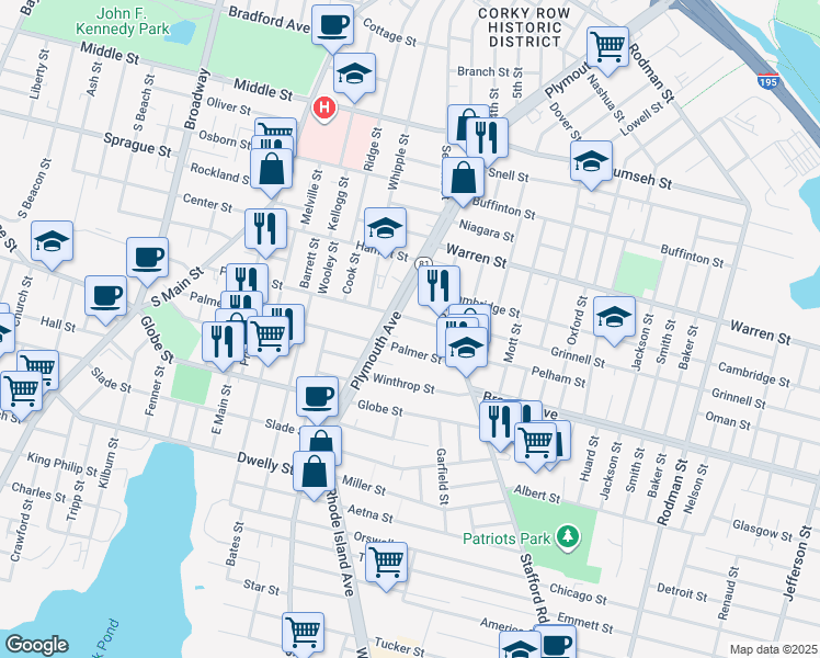 map of restaurants, bars, coffee shops, grocery stores, and more near 548 Palmer Street in Fall River