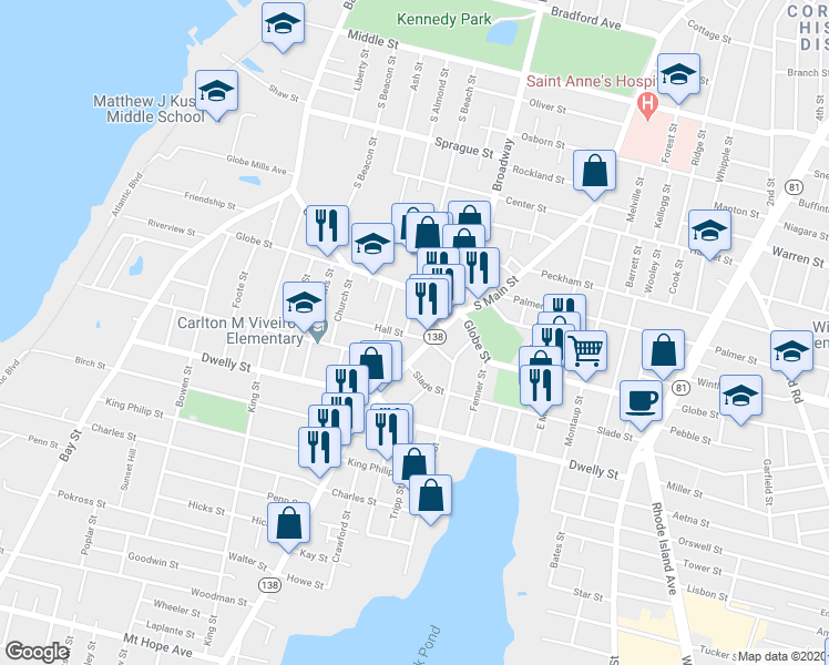 map of restaurants, bars, coffee shops, grocery stores, and more near 139 Hall Street in Fall River