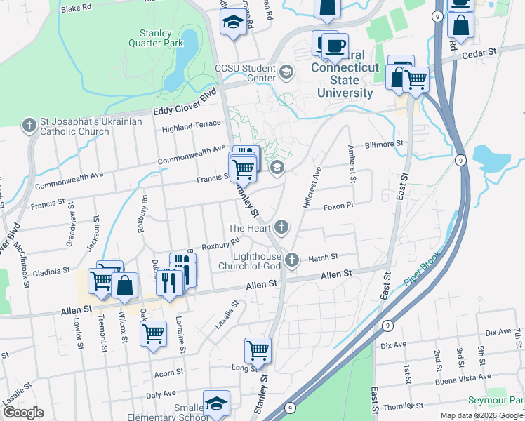 map of restaurants, bars, coffee shops, grocery stores, and more near 1474 Stanley Street in New Britain