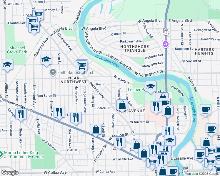 map of restaurants, bars, coffee shops, grocery stores, and more near 813 Ashland Avenue in South Bend