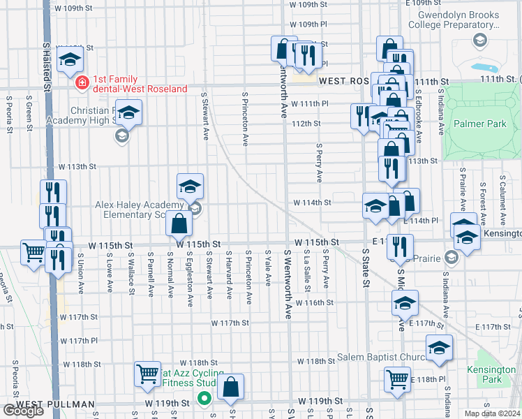 map of restaurants, bars, coffee shops, grocery stores, and more near 11417 South Princeton Avenue in Chicago