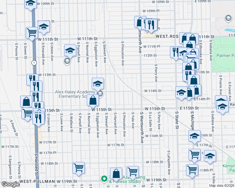 map of restaurants, bars, coffee shops, grocery stores, and more near 11412 South Harvard Avenue in Chicago