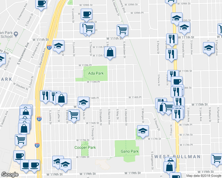 map of restaurants, bars, coffee shops, grocery stores, and more near 11406 South May Street in Chicago