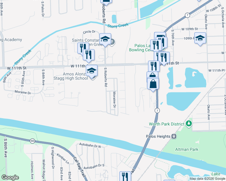 map of restaurants, bars, coffee shops, grocery stores, and more near 7959 112th Place in Palos Hills