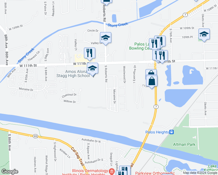 map of restaurants, bars, coffee shops, grocery stores, and more near 7959 112th Place in Palos Hills