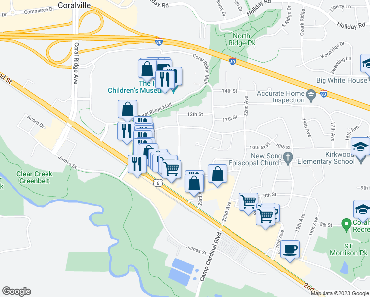 map of restaurants, bars, coffee shops, grocery stores, and more near 919 Boston Way in Coralville