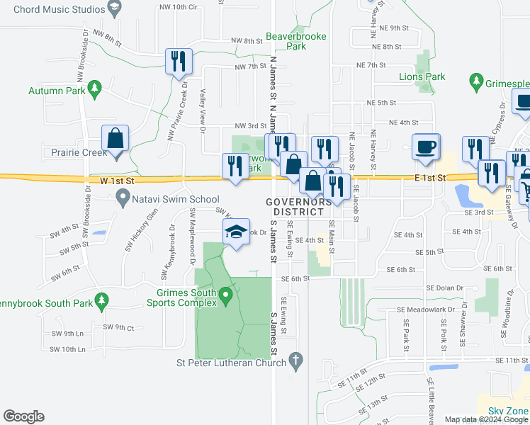 map of restaurants, bars, coffee shops, grocery stores, and more near 240 South James Street in Grimes