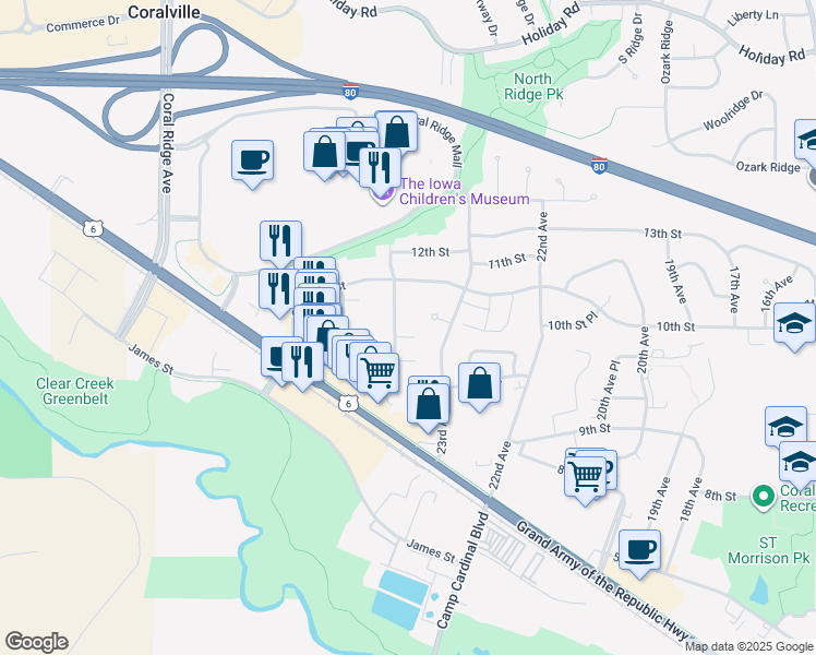 map of restaurants, bars, coffee shops, grocery stores, and more near 915 Boston Way in Coralville