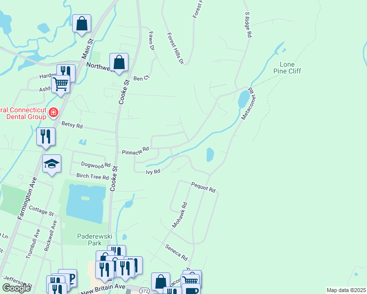 map of restaurants, bars, coffee shops, grocery stores, and more near 88 Pinnacle Road in Plainville