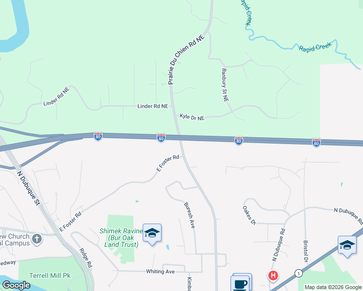 map of restaurants, bars, coffee shops, grocery stores, and more near 1902 Prairie Du Chien Road Northeast in Iowa City